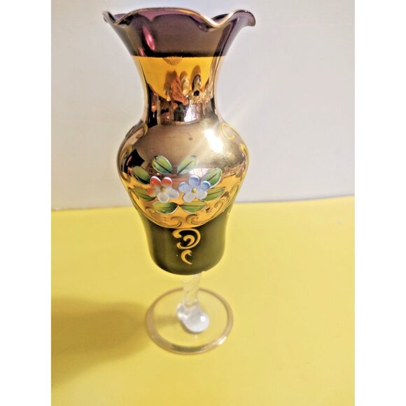 Vintage NASCO Japan Amethyst Glass Vase Raised Enamel Flowers 7" - Picture 2 of 10